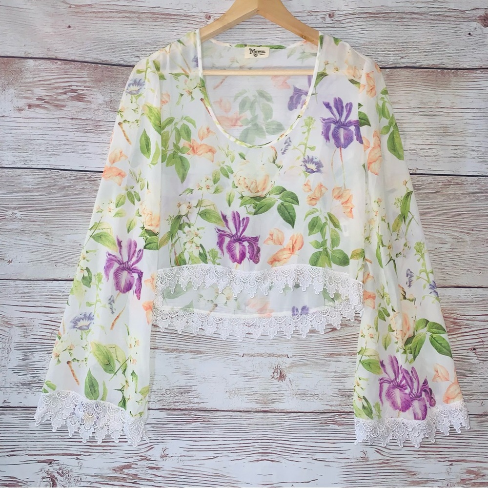 Show Me Your Mumu Chappell Floral Long Sleeves Semi Sheer Top Size Small